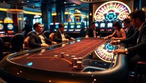 Engaged players enjoying a lively game at the Bugatti8 themed casino table, showcasing luxury and excitement.