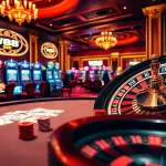 Experience the excitement of W88 with vibrant casino tables, cards, and roulette wheels in a luxurious setting.