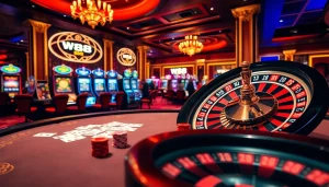 Experience the excitement of W88 with vibrant casino tables, cards, and roulette wheels in a luxurious setting.