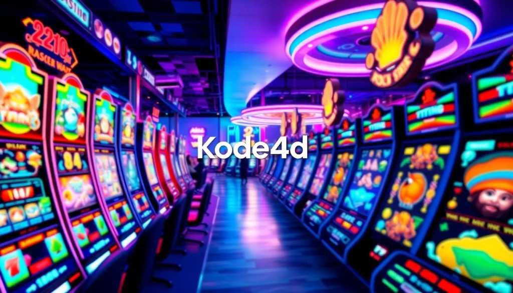 Kode4d online gaming experience with vibrant slot machines and 24/7 customer support elements