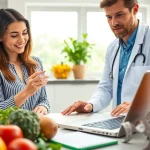 Calculate daily calorie needs using a calorie calculator displayed on a laptop in a vibrant kitchen.