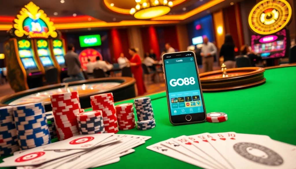 Exciting gambling scene representing the go88 web with poker chips and cards.