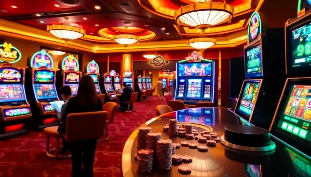Engaged players exploring 온라인슬롯 games in a luxurious casino atmosphere.
