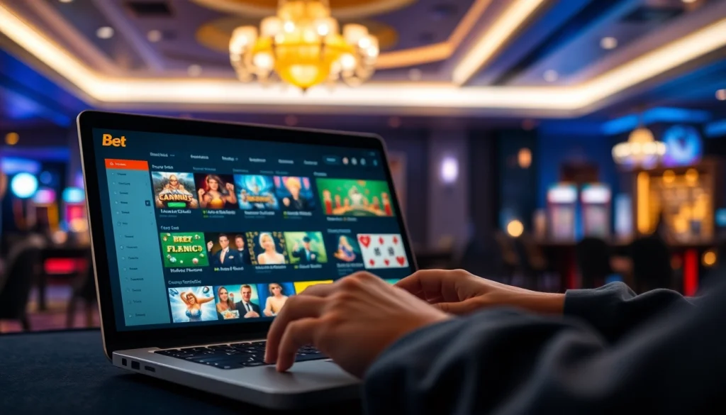 Menampilkan situs judi dengan desain modern dan pengguna terlibat dalam permainan yang menarik.