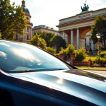 Rent a car Chisinau in a vibrant urban landscape with a sleek vehicle.