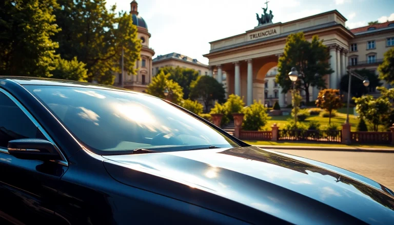 Rent a car Chisinau in a vibrant urban landscape with a sleek vehicle.