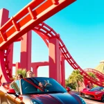 Thrilling attractions and rides at Ferrari World Yas Island, Abu Dhabi, featuring excited visitors.