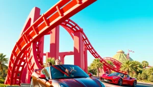 Thrilling attractions and rides at Ferrari World Yas Island, Abu Dhabi, featuring excited visitors.