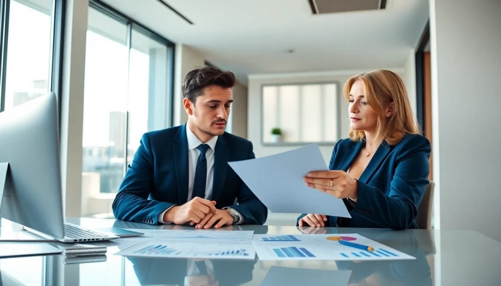 Professional scene of an accountant explaining SMSF tax return details to a client in a modern office.