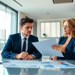 Professional scene of an accountant explaining SMSF tax return details to a client in a modern office.
