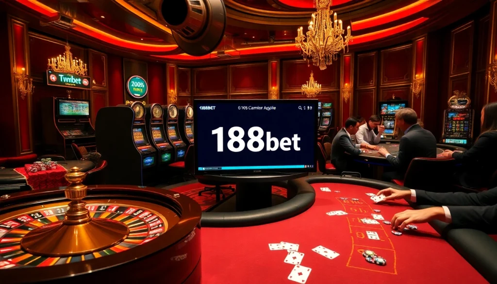 Experience the excitement of 188bet with a luxurious casino scene featuring roulette and poker games.
