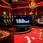 Experience the excitement of 188bet with a luxurious casino scene featuring roulette and poker games.