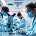 Researchers studying WIN55 synthetic cannabinoid effects in a modern lab.