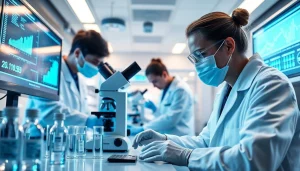 Researchers studying WIN55 synthetic cannabinoid effects in a modern lab.