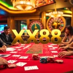 Excited players engaging in a vibrant baccarat game at the XX88 casino, surrounded by poker chips and betting slips.