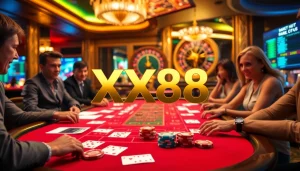 Excited players engaging in a vibrant baccarat game at the XX88 casino, surrounded by poker chips and betting slips.