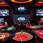 Casion scene highlighting online gambling at https://af88.co/ with poker chips, cards, and a roulette table.