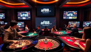 Casion scene highlighting online gambling at https://af88.co/ with poker chips, cards, and a roulette table.