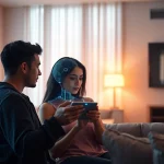 Engaging interaction with sex AI chatbot in a modern, inviting setting