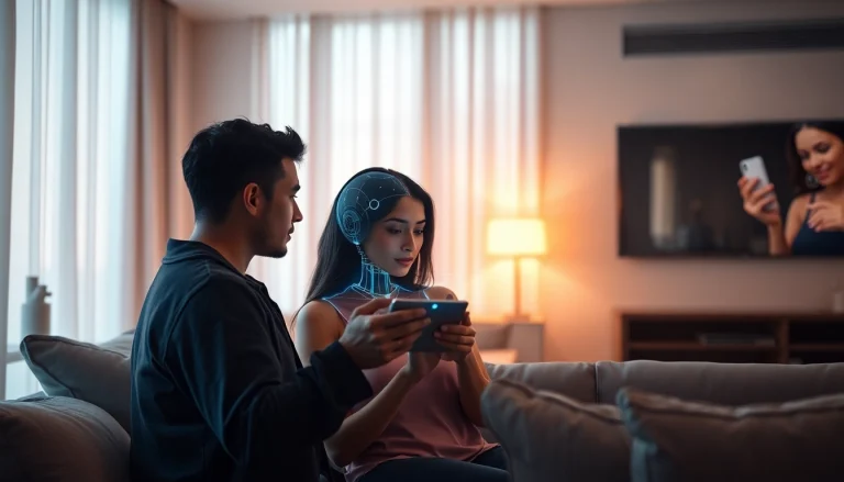 Engaging interaction with sex AI chatbot in a modern, inviting setting