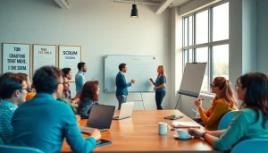 Engaged learners participating in a Scrum workshop at CareerSprints.com, showcasing collaborative training.