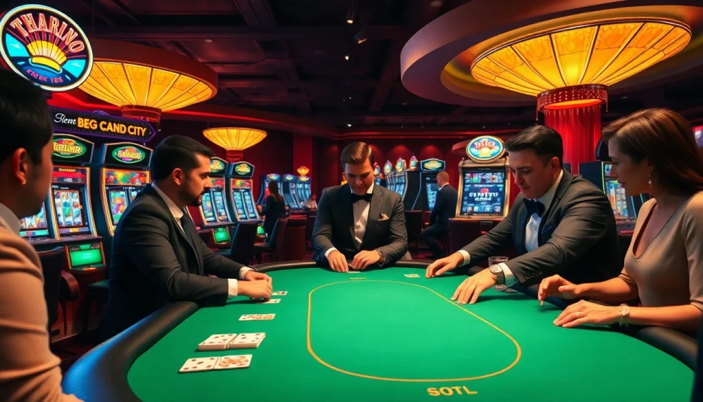 Players strategizing in a high-stakes poker game at https://188bet.baby/ surrounded by vibrant slot machines.