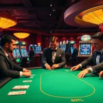 Players strategizing in a high-stakes poker game at https://188bet.baby/ surrounded by vibrant slot machines.