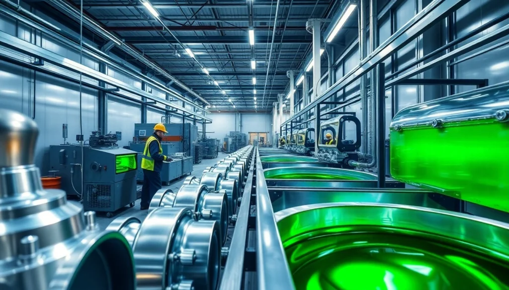 Aluminum chromating Malaysia process in a high-tech diecasting factory, showcasing advanced machinery and safety procedures.