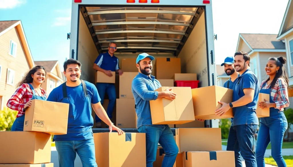 Movers loading boxes into a truck, showcasing teamwork and efficiency in a sunny outdoor setting.