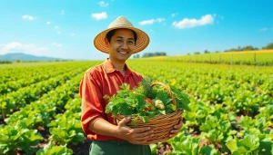 Petani toto memanen hasil pertanian segar di ladang yang subur dan indah.