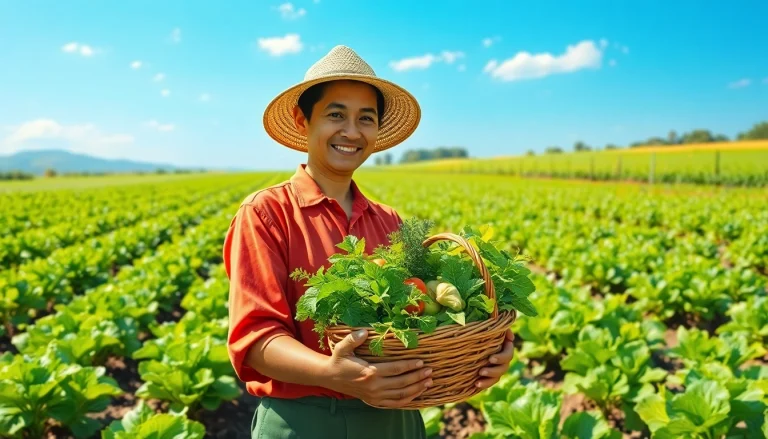 Petani toto memanen hasil pertanian segar di ladang yang subur dan indah.