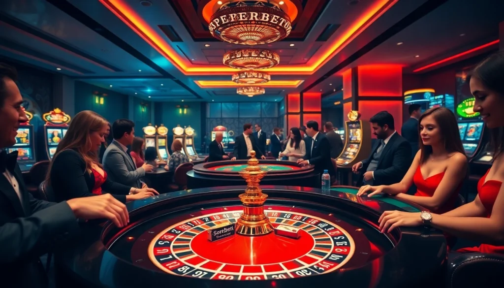 Exciting scene at Superbet's luxurious casino with roulette and eager players.
