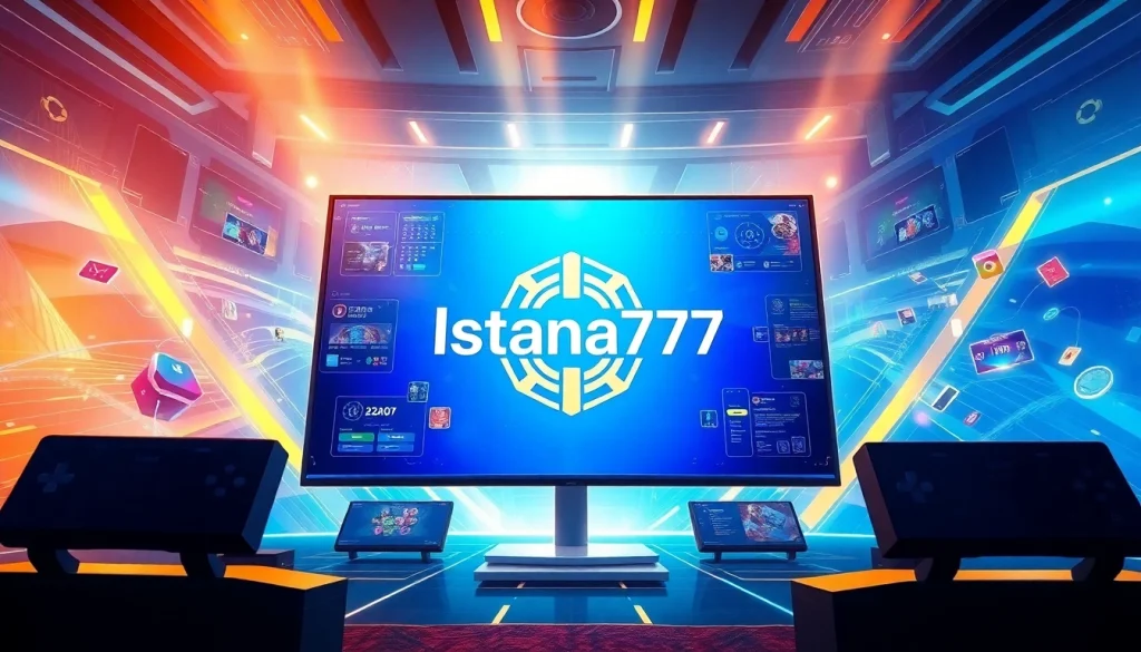 Menggambarkan logo Istana777 dengan elemen permainan yang interaktif dan energik.