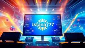 Menggambarkan logo Istana777 dengan elemen permainan yang interaktif dan energik.