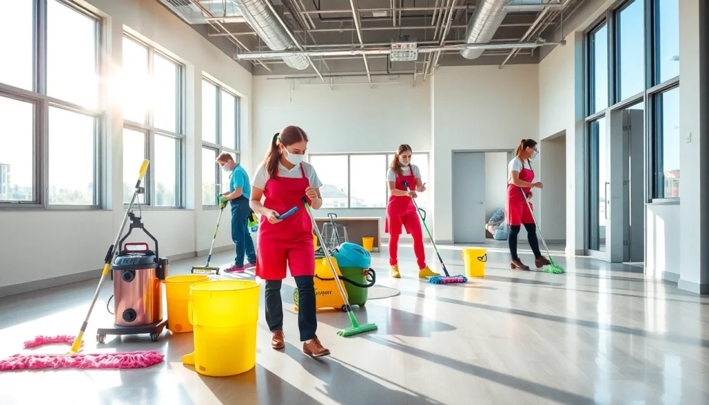 Dynamic scene of post construction cleaning, with a professional team efficiently cleaning a bright, modern space.