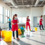 Dynamic scene of post construction cleaning, with a professional team efficiently cleaning a bright, modern space.