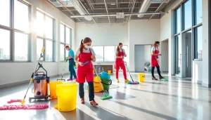 Dynamic scene of post construction cleaning, with a professional team efficiently cleaning a bright, modern space.