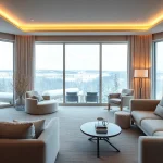 Luxury hotel in Sweden showcasing a serene room with snowy landscape views and elegant Scandinavian design.