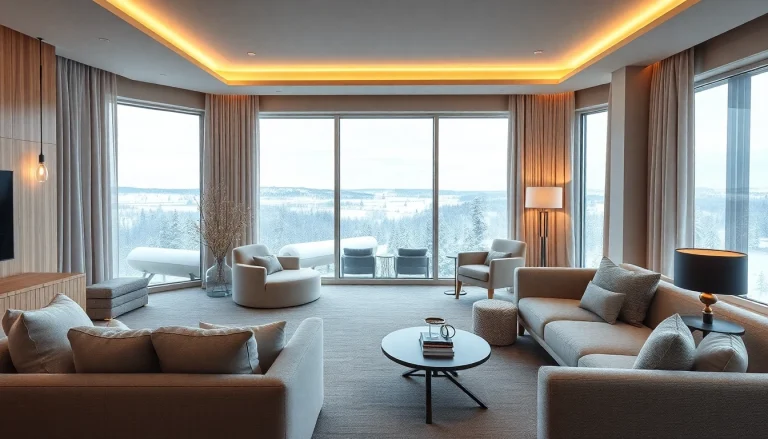 Luxury hotel in Sweden showcasing a serene room with snowy landscape views and elegant Scandinavian design.