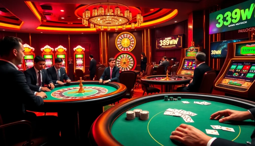 Players enjoying a vibrant poker game with 389WIN branding in a luxurious casino setting.