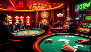 Players enjoying a vibrant poker game with 389WIN branding in a luxurious casino setting.