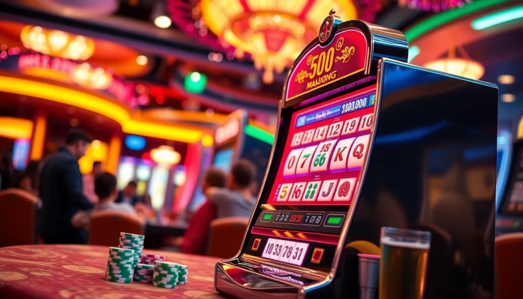 Memainkan mahjong slot dengan dekorasi kasino yang cerah dan ramai.