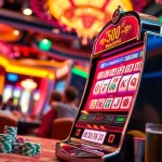 Memainkan mahjong slot dengan dekorasi kasino yang cerah dan ramai.