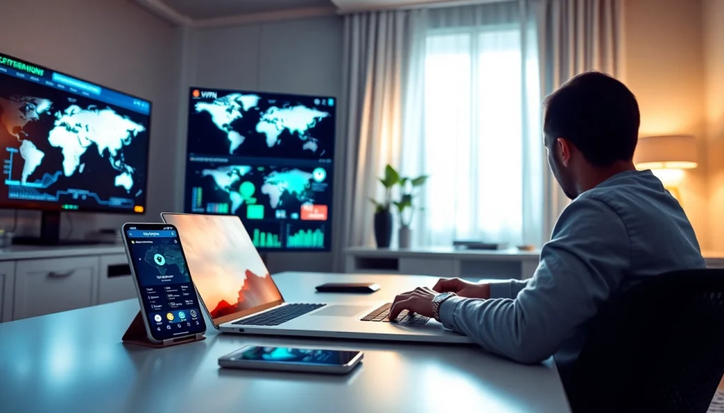 快连vpn下载 displayed on a modern laptop in a stylish home office, showcasing secure connectivity.