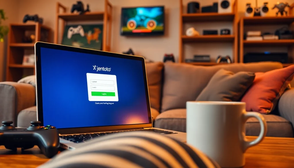 Masuk ke portal jentoto login dengan tampilan laptop dan suasana ruang tamu yang nyaman.