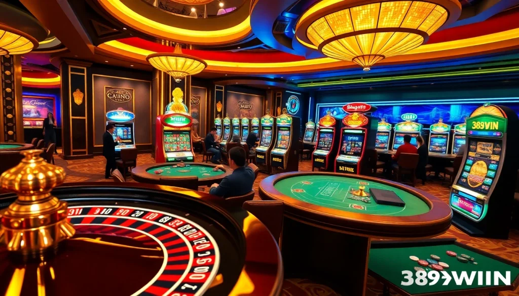 Players enjoying a thrilling game at 389WIN casino, showcasing roulette, poker, and slot machines.