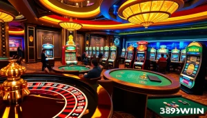 Players enjoying a thrilling game at 389WIN casino, showcasing roulette, poker, and slot machines.