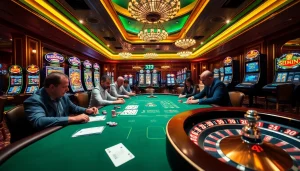 32WIN poker players enjoying an intense game at a luxurious casino table.