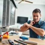 Technician engaged in AC repair phoenix az in modern living room setting with tools.
