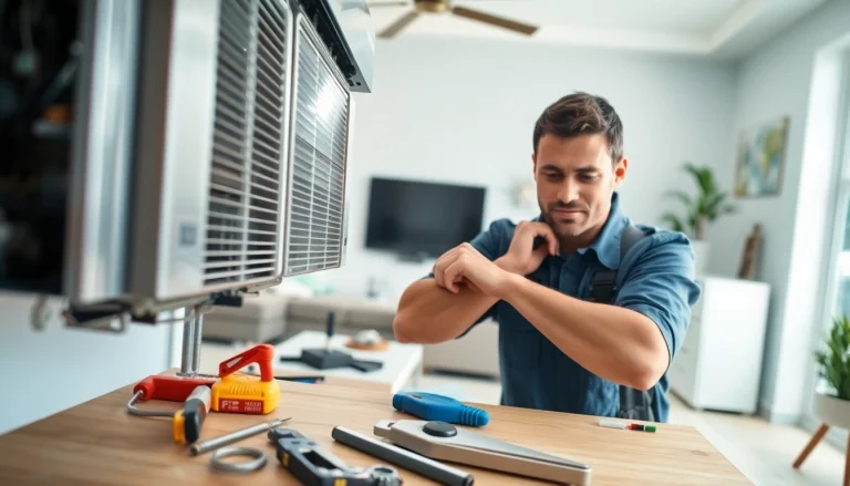 Technician engaged in AC repair phoenix az in modern living room setting with tools.